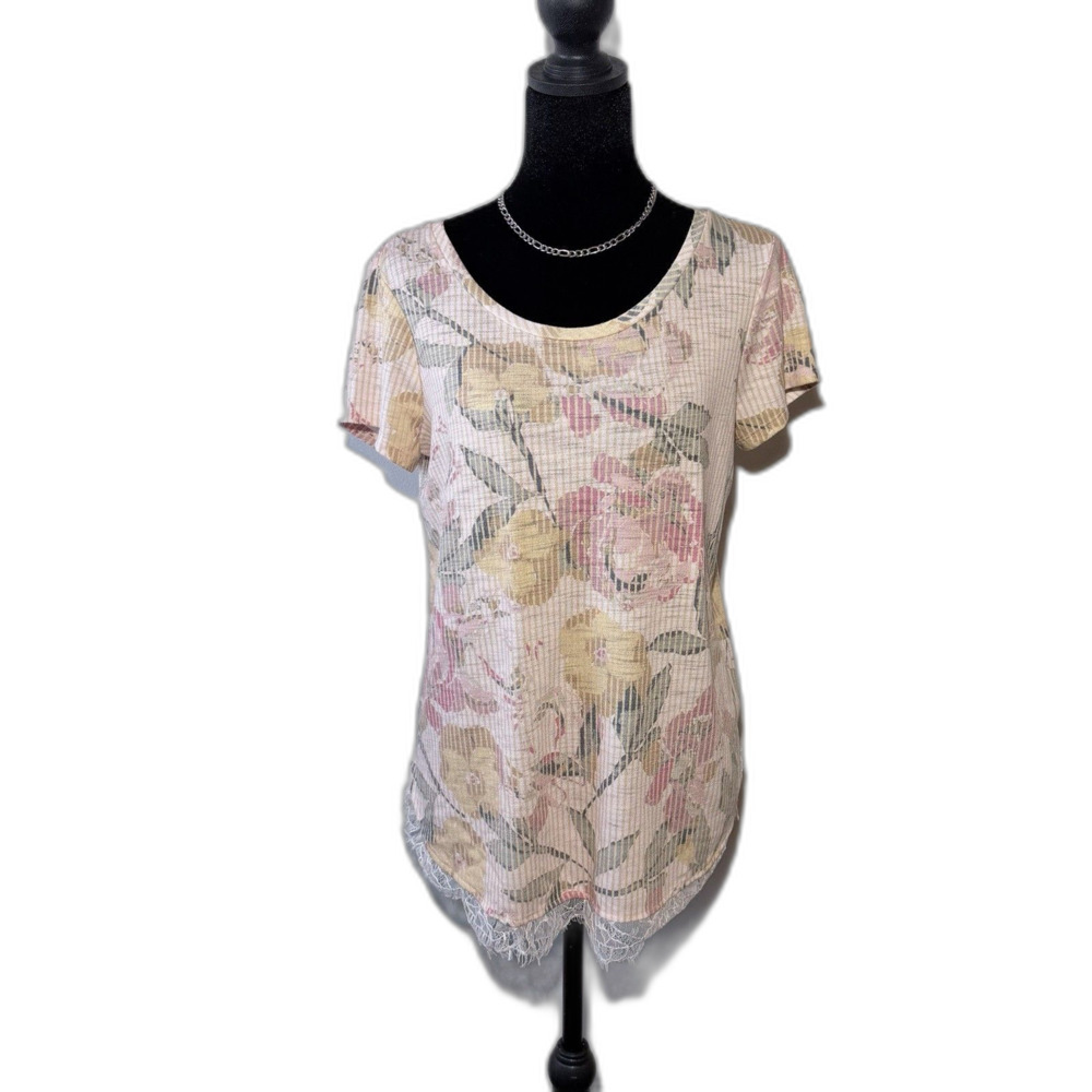 Lauren Conrad Women's Size Small Short Sleeve Lace Trim Floral Tee w Chiffon Tie